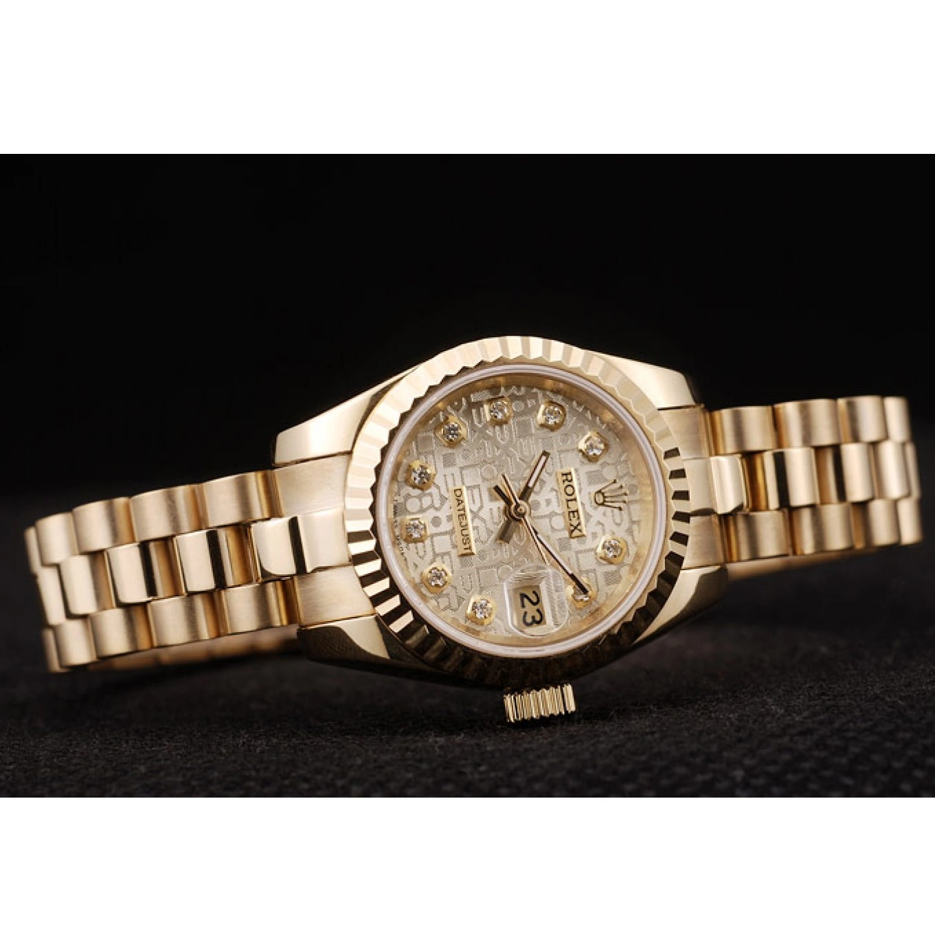 Aaa replica watch Pattern Gold DateJust Ribbed Dial Rolex Gold Bezel 0729